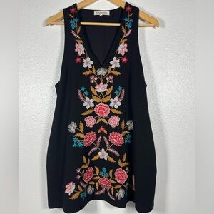 By Together Large Black Floral Embroidered Mini Shift Dress Pockets Folk Boho
